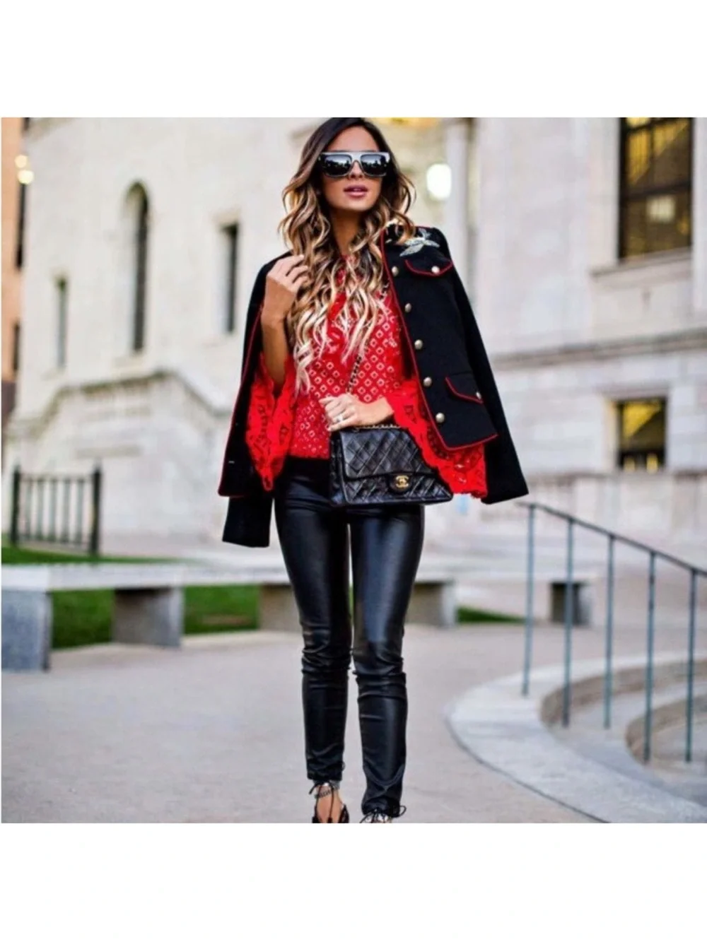 Black Embroidered Military-Style Jacket with Red Trim